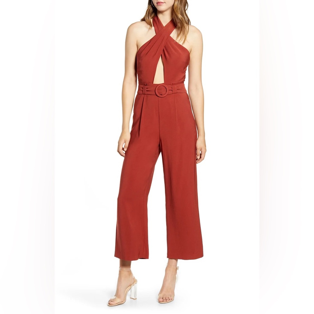 JOA Just One Answer Womens Belted Halter Neck Elegant Rust Jumpsuit NWT M